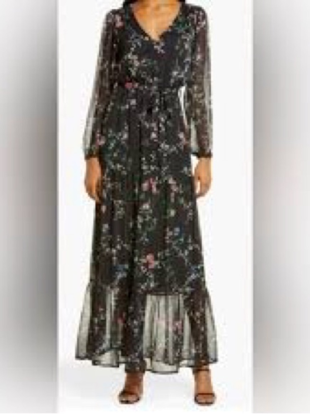 Boho Coastal Black Floral Long Sleeve Maxi Dress
